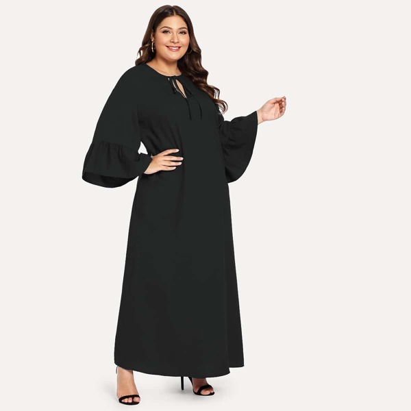

Plus Tie Neck Bell Sleeve Solid Dress