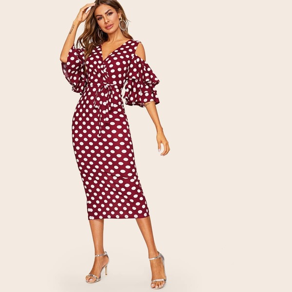 

Surplice Neck Cold Shoulder Belted Dot Dress, Burgundy