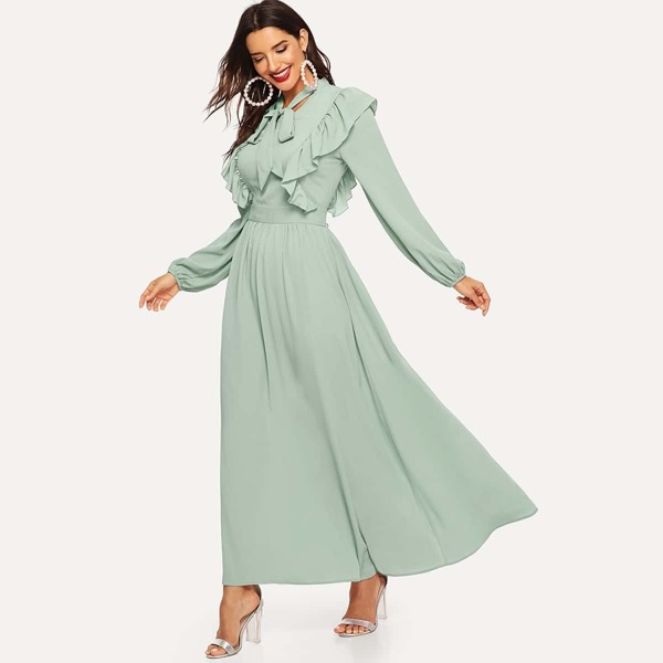 

Tie Neck Fit & Flare Ruffle Dress, Green pastel