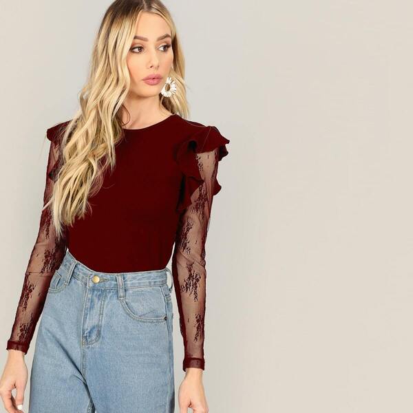 

Embroidery Mesh Sleeve Ruffle Trim Top