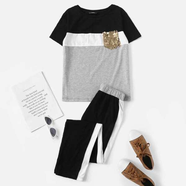 

Plus Colorblock Contrast Sequin Pocket Top & Pants Set, Multicolor