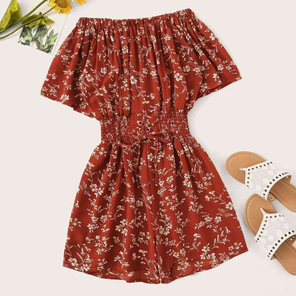 

Ditsy Floral Off Shoulder Lace-up Shirred Romper, Red