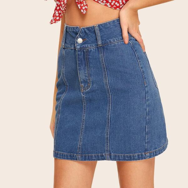 

Contrast Stitch Wide Waistband Denim Skirt