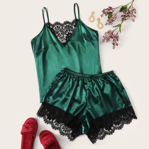 

Plus Contrast Lace Satin Cami Top With Shorts