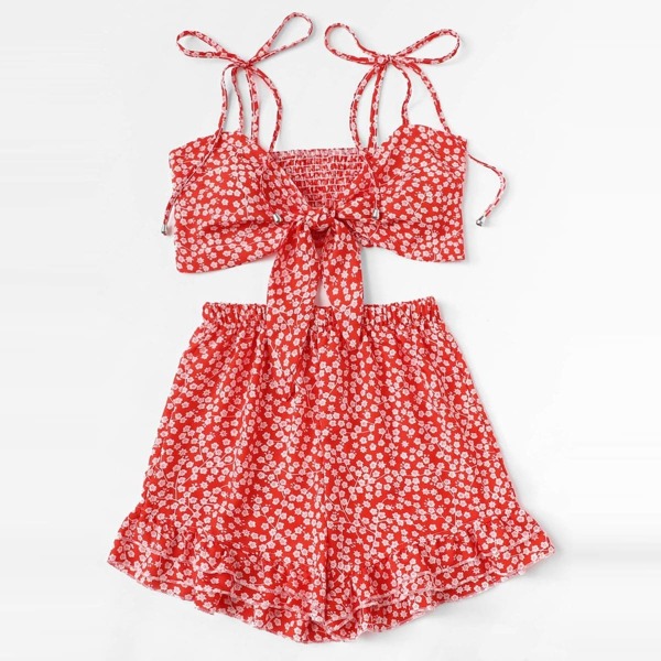 

Plus Knot Ditsy Floral Cami Top With Ruffle Hem Shorts, Red