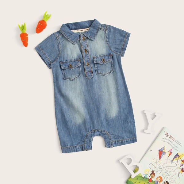 

Toddler Boys Dual Pocket Half Placket Denim Jumpsuit, Blue