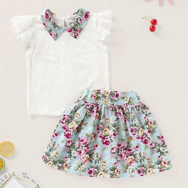 

Toddler Girls Contrast Collar Blouse With Floral Print Skirt, Multicolor