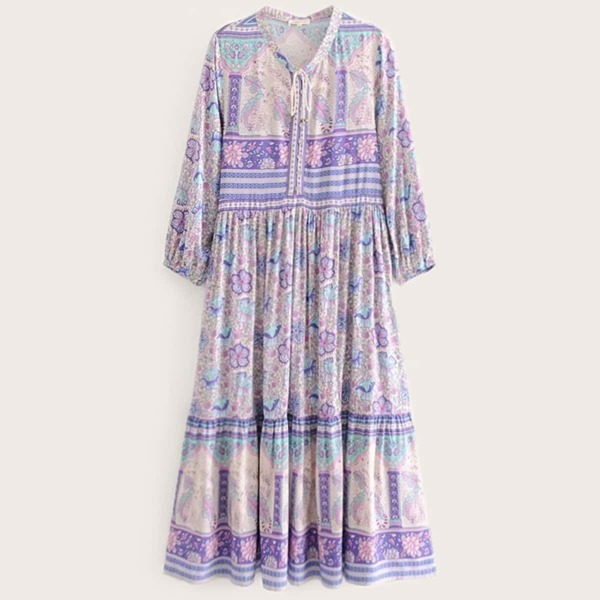 

Tie Neck Floral Print Dress, Purple