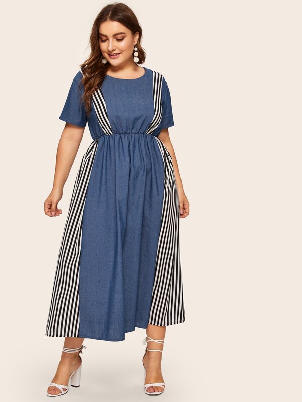 

Plus Contrast Striped Denim Dress, Blue, Franziska