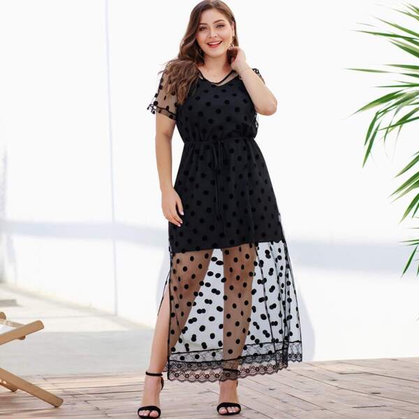 

Plus Solid Cami Dress & Polka Dot Mesh Dress, Black
