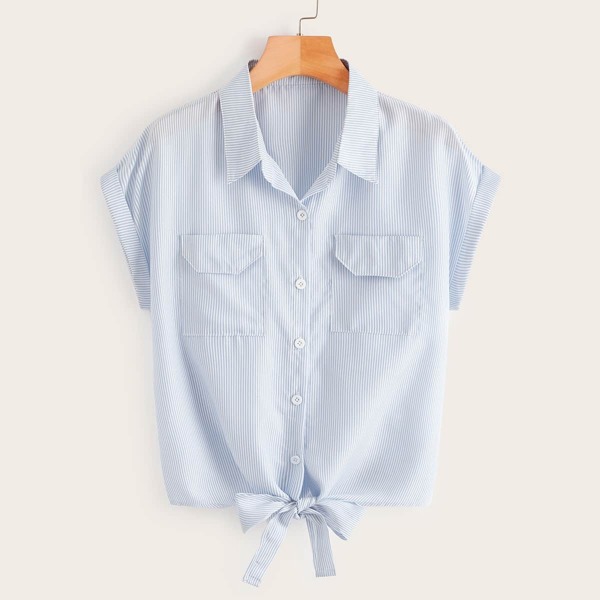 

Striped Knot Hem Blouse, Blue