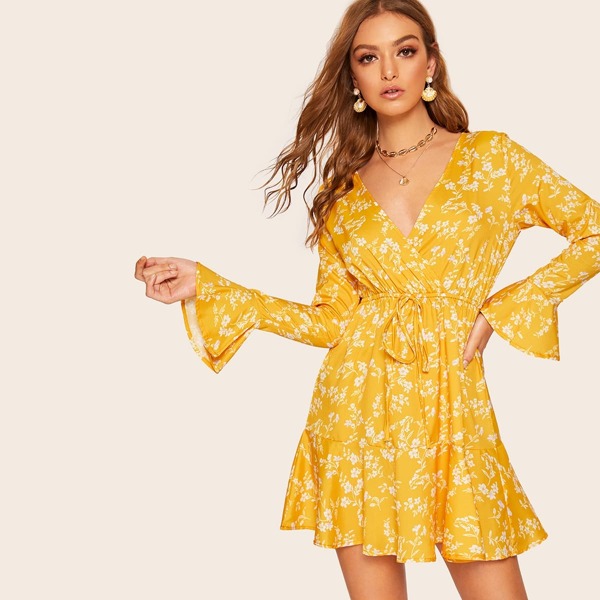 

Floral Print Flounce Sleeve Drawstring Waist Dress