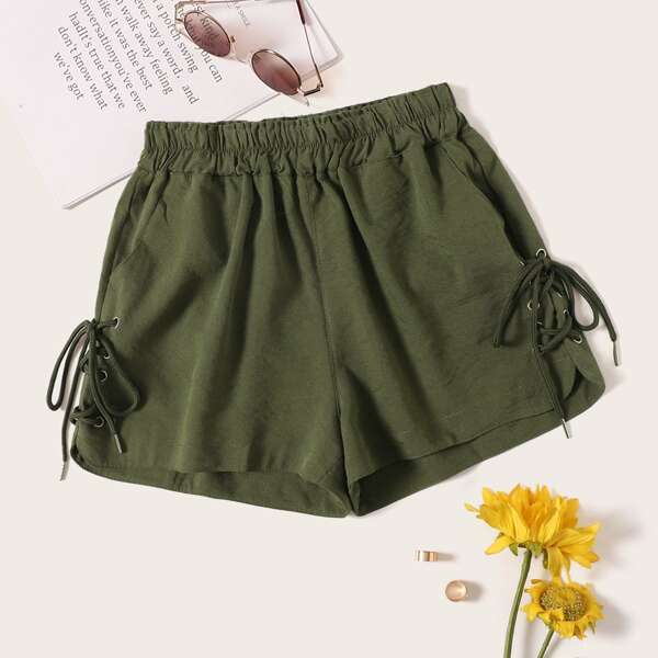 

Lace-up Elastic Waist Shorts, Army green