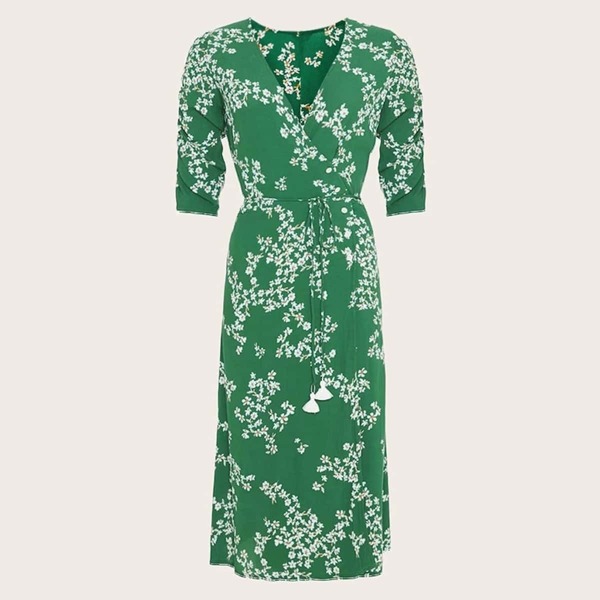 

Floral Print Ruched Sleeve Surplice Dress