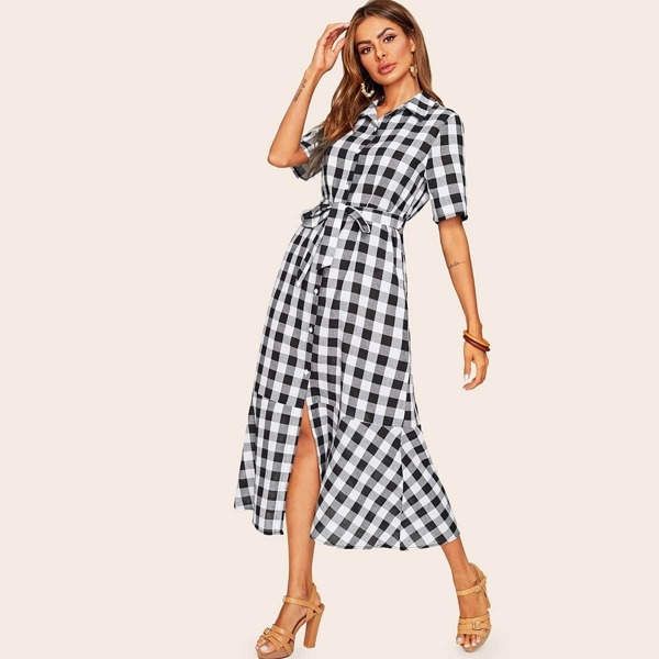 

Gingham Ruffle Hem Belted Shirt Dress, Black and white
