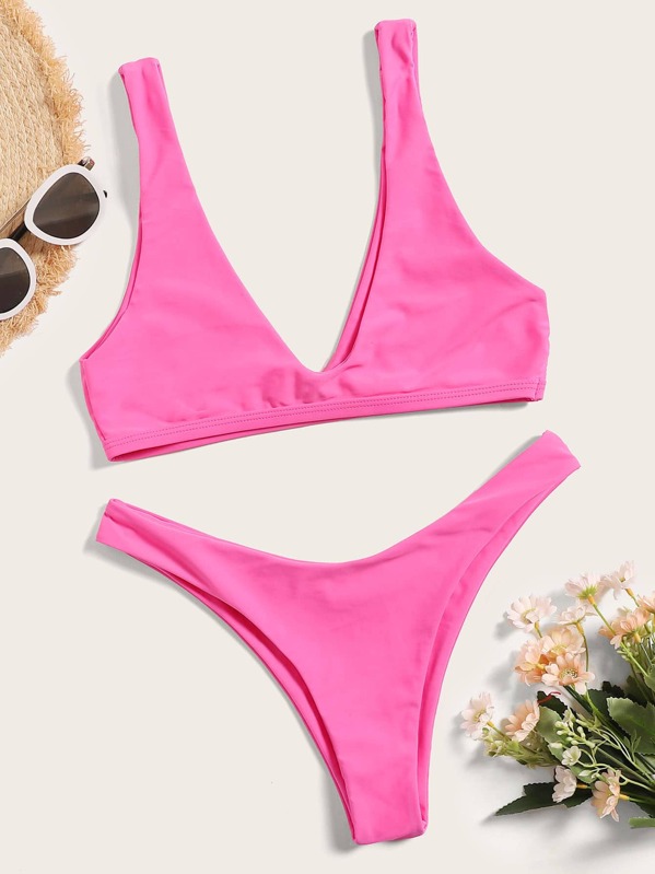 

Plunge Top With High Cut Bikini Set, Pink