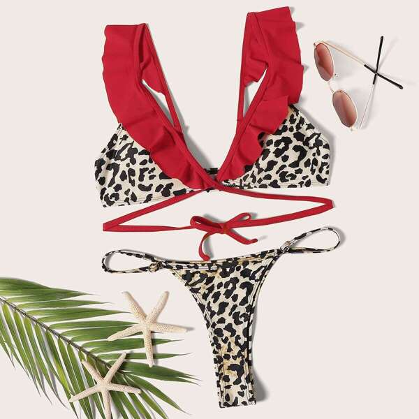 

Leopard Ruffle Top With Thong Bikini Set, Multicolor