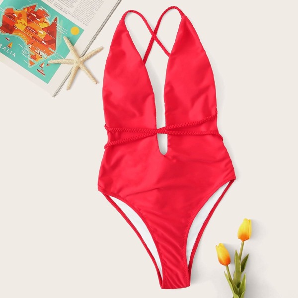 

Plunging Criss Cross Back One Piece Swimsuit, Red bright