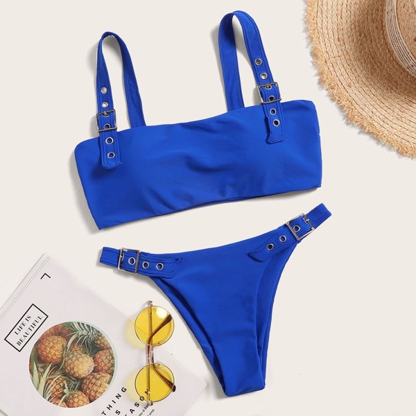 

Eyelet Buckle Top With High Leg Bikini Set