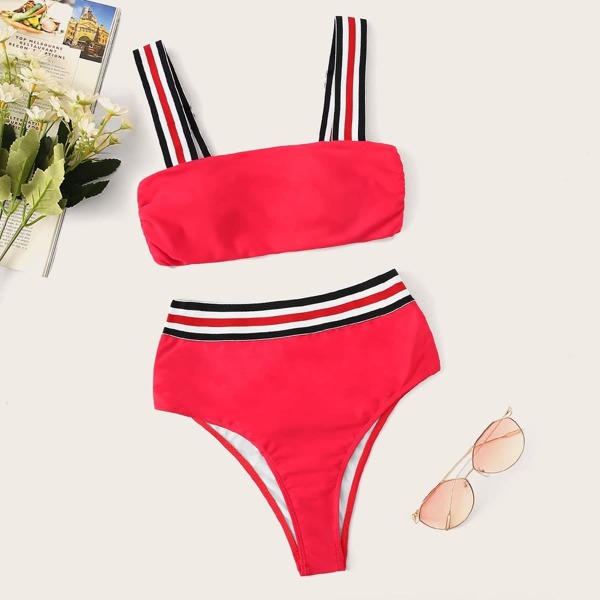 

Striped Straps Top With High Waist Bikini