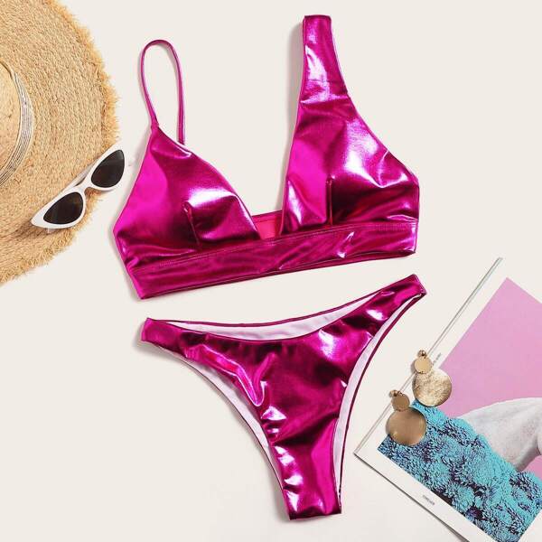 

Metallic Asymmetrical Top With Hipster Bikini Set