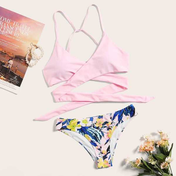 

Wrap Top With Random Floral Bikini Set