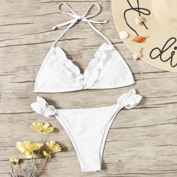 

Frill Trim Halter Top With Tanga Bikini Set