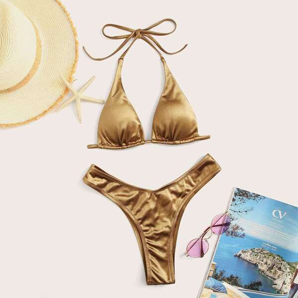 

Metallic Halter Top With High Cut Bikini Set