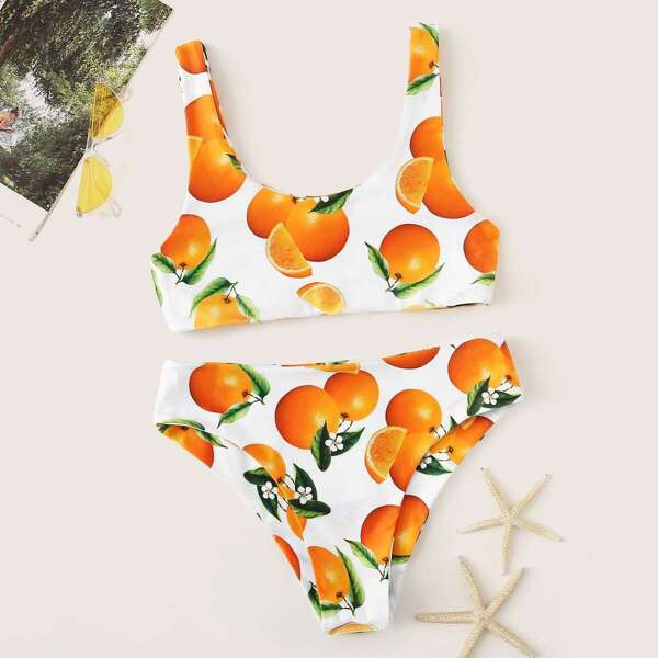 

Random Orange Print Tank Top With Panty Bikini Set