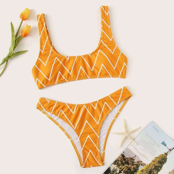 

Chevron Print Scoop Neck Top With Panty Bikini, Yellow bright