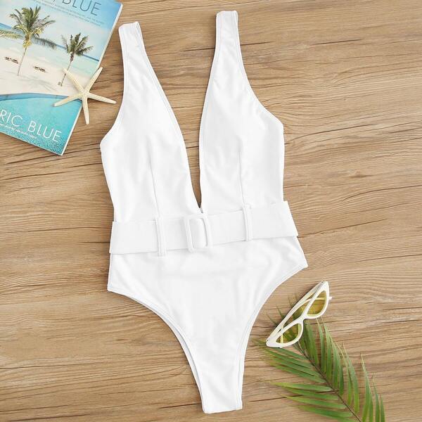 

Double V Neck Belted One Piece Swimsuit, White