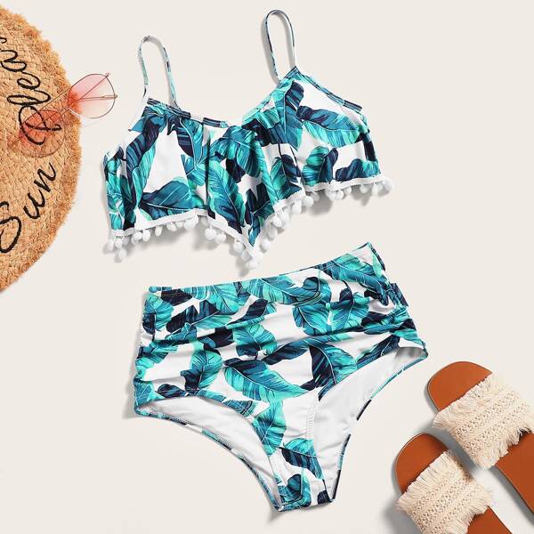 

Pom-pom Trim Top With Ruched High Waist Bikini