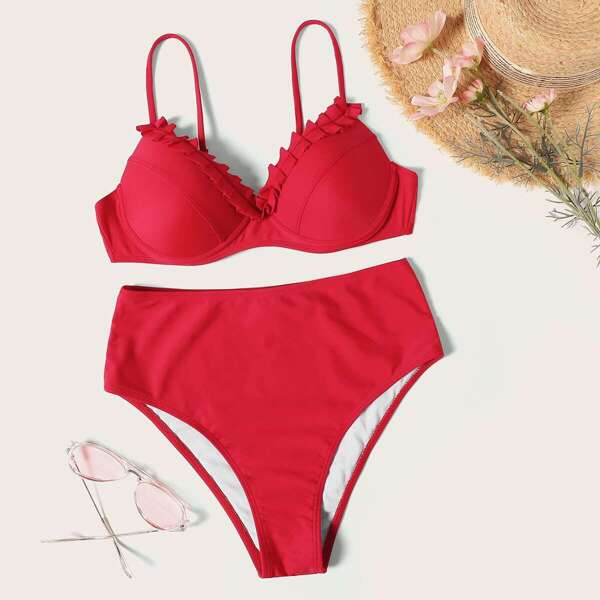 

Frill Trim Top With High Waist Bikini Set