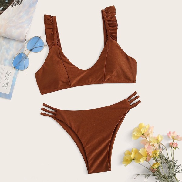 

Ruffle Straps Top With Ladder Cut-out Bikini Set