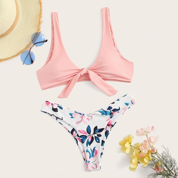 

Knot Front Top With Random Floral Bikini Set, Multicolor