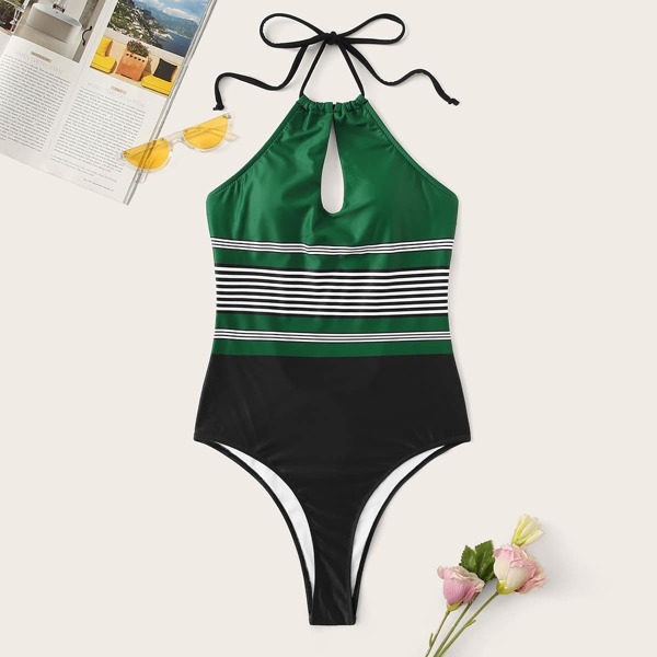 

Striped Cut-out Halter One Piece Swim, Multicolor