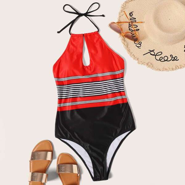

Striped Cut-out Halter One Piece Swim
