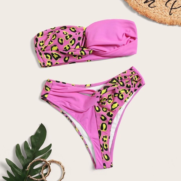 

Leopard Twist Bandeau With Ruched High Cut Bikini