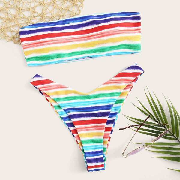 

Striped Bandeau With High Cut Bikini Set