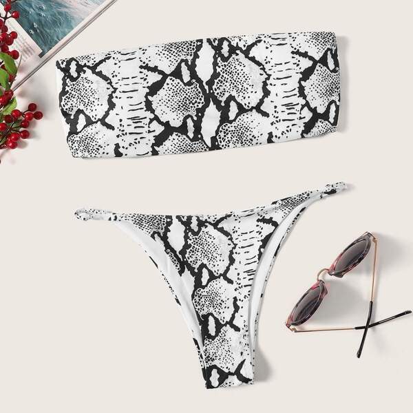 

Snake Print Bandeau With Tanga Bikini Set