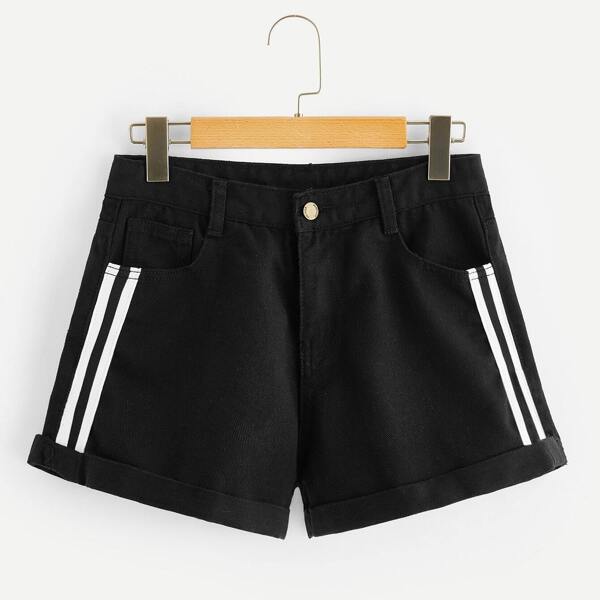 

Striped Side Black Wash Cuffed Denim Shorts