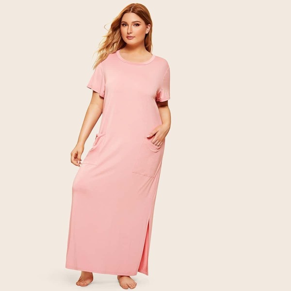 

Plus Pocket Front Slit Night Dress, Pink pastel