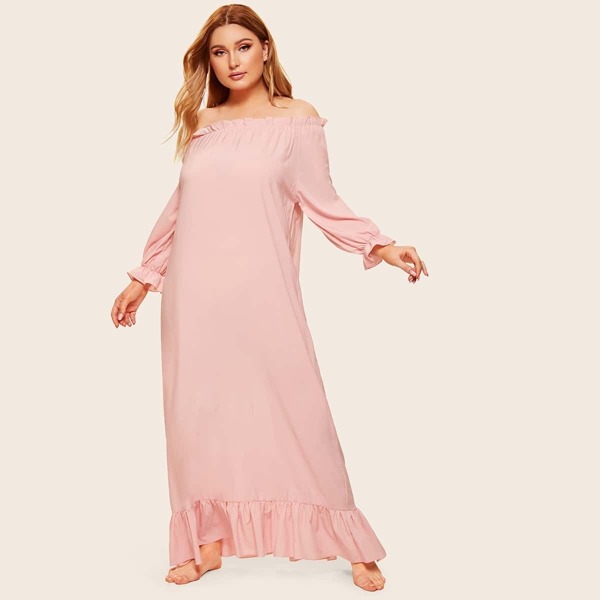 

Plus Ruffle Hem Off Shoulder Night Dress, Pink pastel