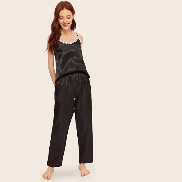 

Crochet Trim Satin Cami Pajama Set, Black