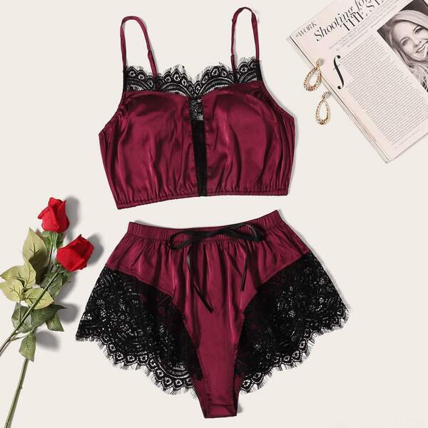 

Floral Lace Satin Lingerie Set, Burgundy