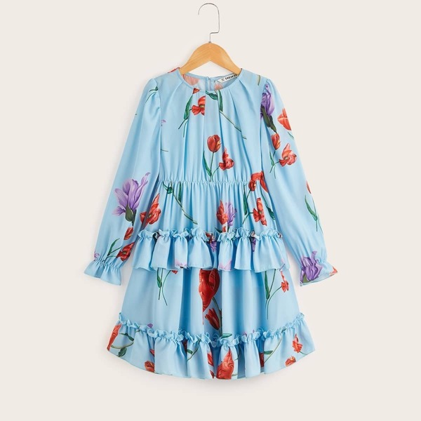 

Girls Floral Print Layered Ruffle Hem Dress, Blue