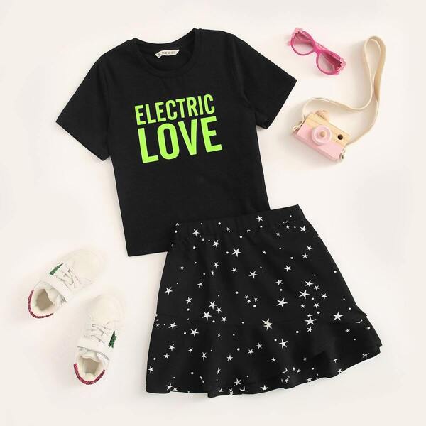 

Girls Letter Print Tee & Stars Skirt Set