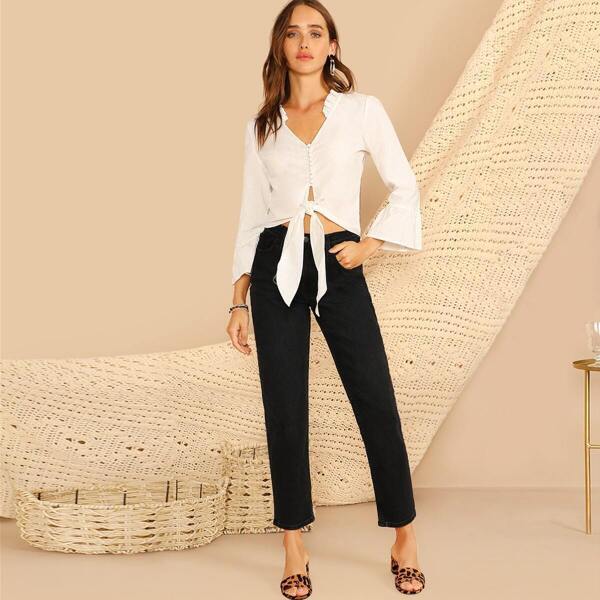 

Knot Front Covered Button Bell Sleeve Blouse