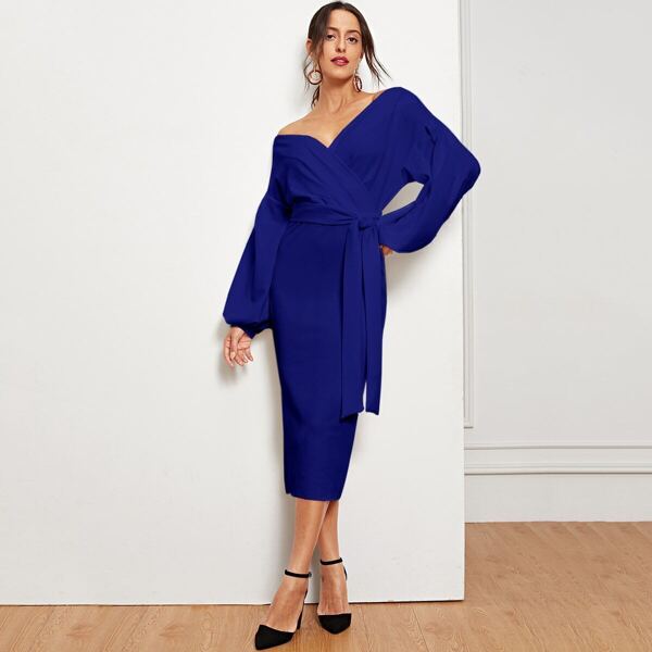 

Blouson Sleeve Surplice Neck Slit Off Shoulder Dress, Blue