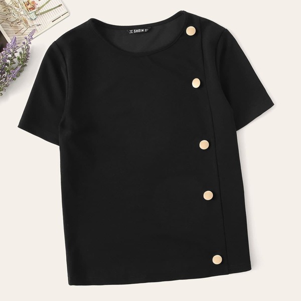 

Button Embellished Solid Top, Black